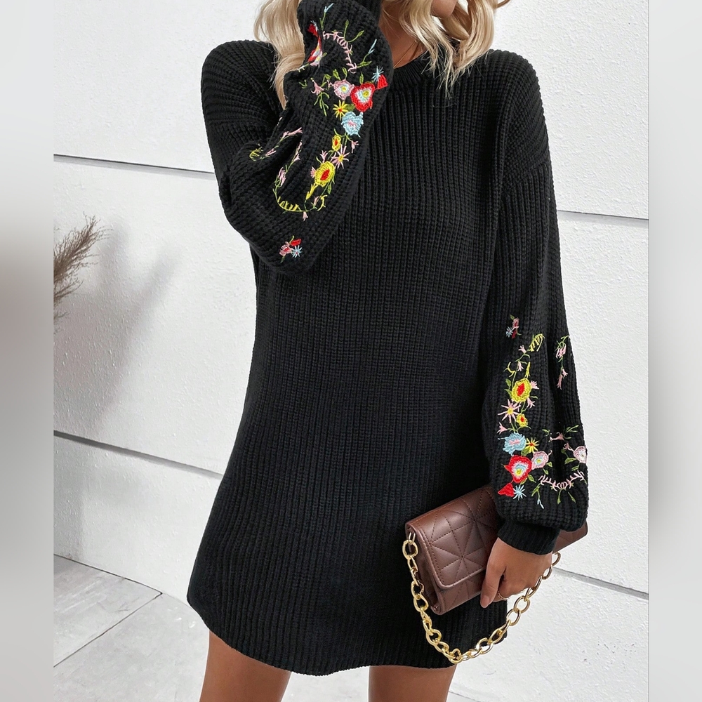 Floral Embroidery Drop Shoulder Sweater Dress - Picture 6 of 7